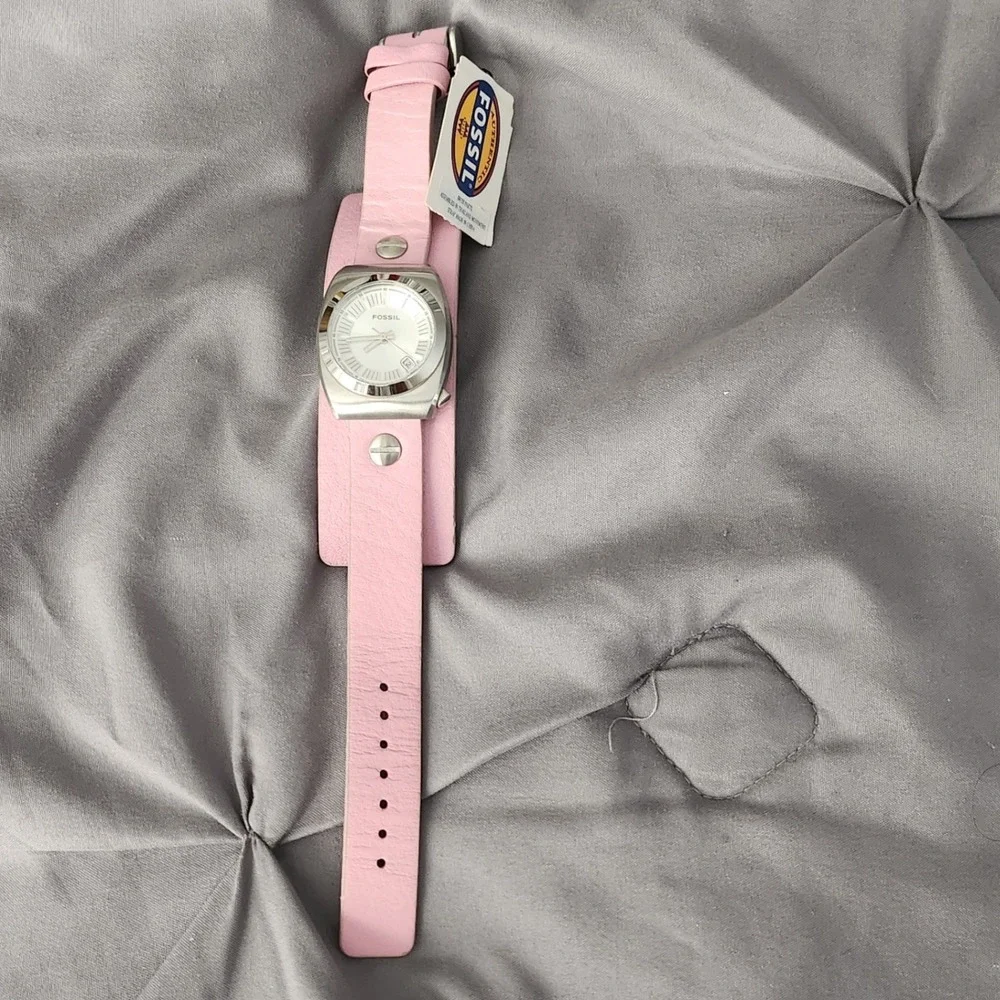 Fossil Womens Pink Leather Cuff Watch White Dial Date Stainless Steel JR-9154